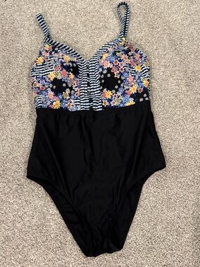 Costa Del Sol Floral Stripe Black One-Piece Swimsuit with V-Neck